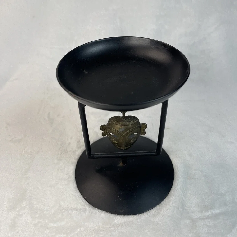 Black Metal Candle Holder Trinket Dish with Brass African Mask 6